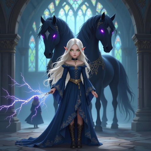A small Elvin princes. She is age 10 and she is 4’ She has extra long hair flowing down her back to the ground. Her hair is platinum blonde. She has green eyes. her dress is a dark blue. It has a small key hold on her chess it is bell sleeves cuffing around her wrists. I has gold accents on the dress. her dress has layers it has 1 slit in the front of the dress. her dress is princess style She has small boots on that match her dress. Behind her is a giant shadow horse with purple glowing eyes. It is standing protectively around her. The horse is taller than her. She is casting chain lightning at someone in the distance.