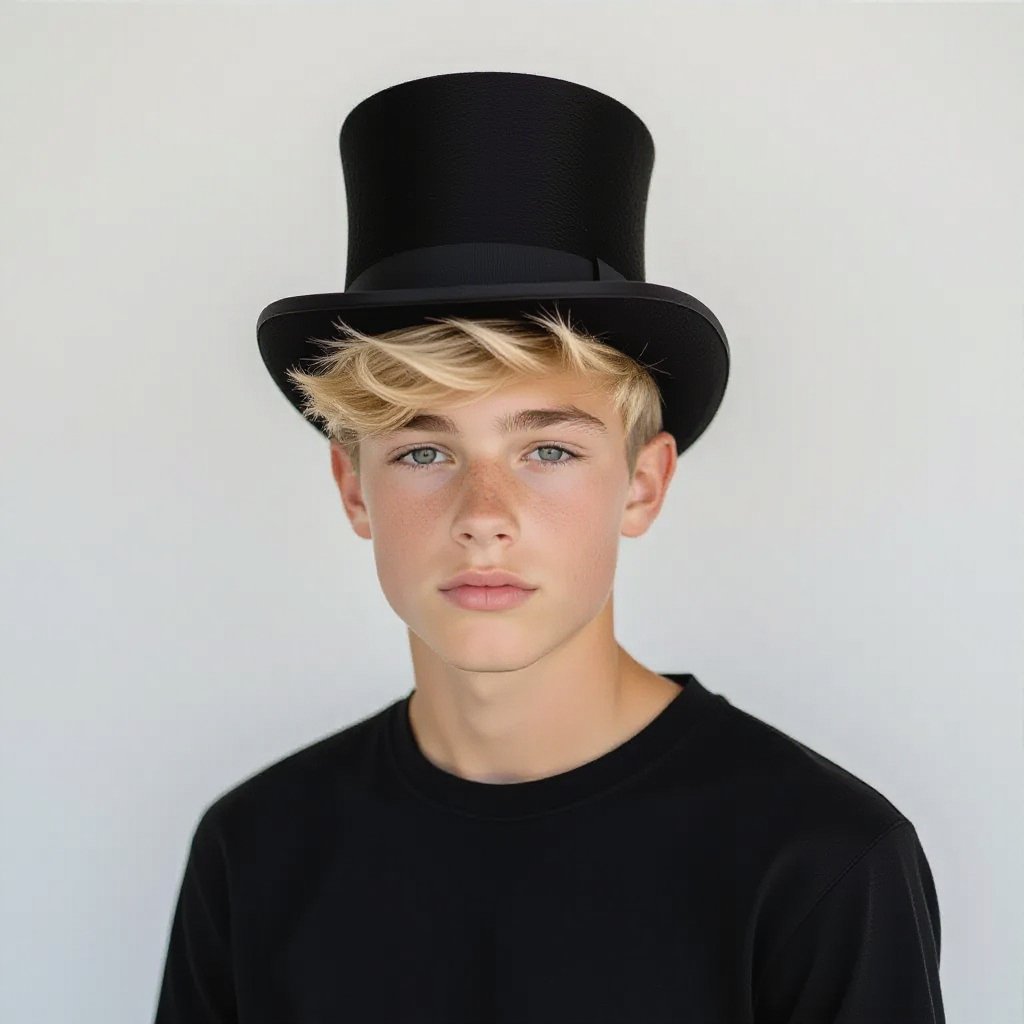 Hot teenage boy with blonde hair and a top hat