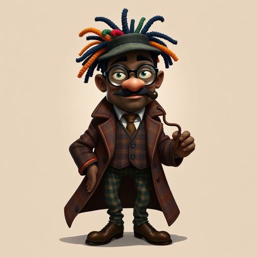 Create a funny serious fat character similar to Sherlock Holmes, but make him of black decent and with dread locks. Show his whole outfit including his shoes.