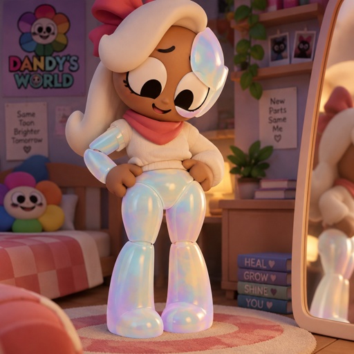 Ginger from Dandys world in her room noticing that she has opalite legs and hips to go with her opalite arm and face piece 
