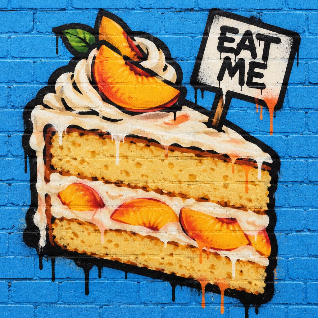 Slice of vanilla peach cake with a sign that says eat me
