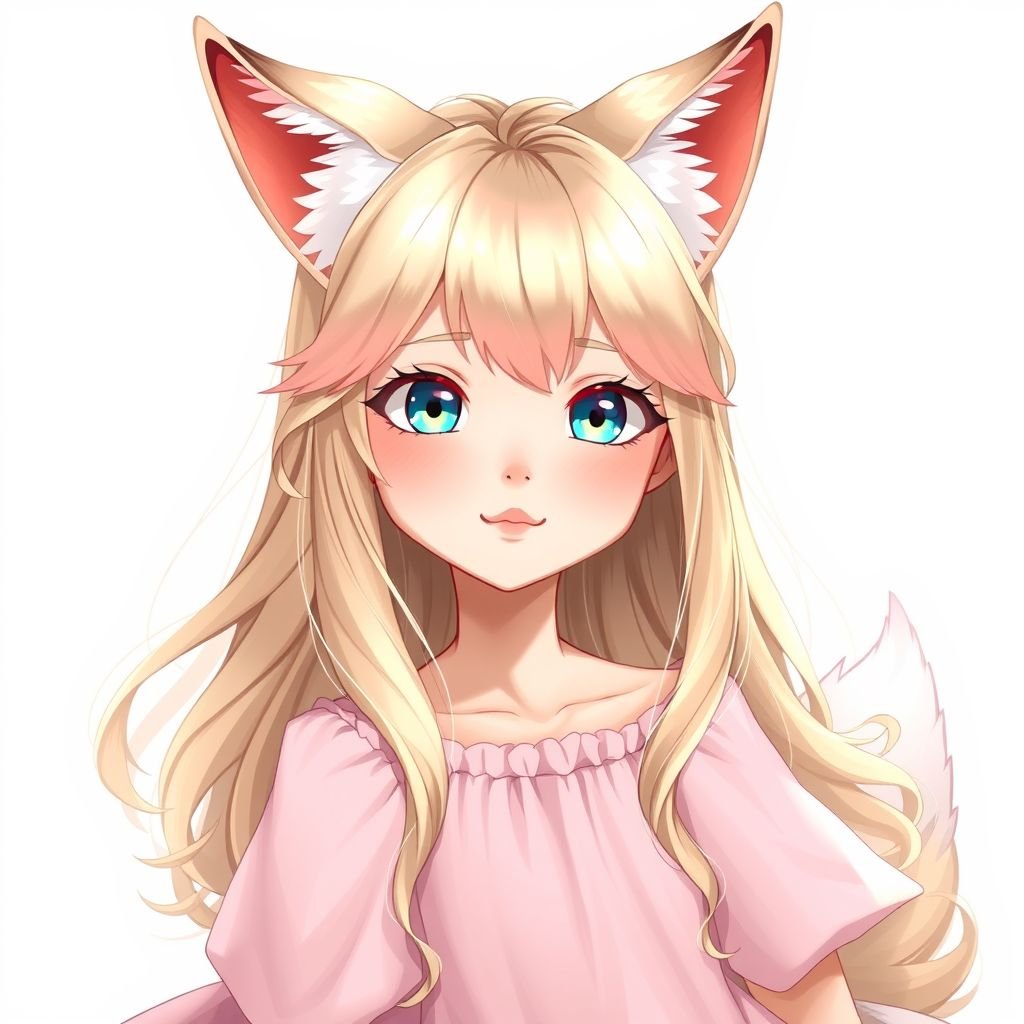 This person has dirty blonde hair with a hint of pink and down to their waist. They’re wearing a pink dress and they have blue eyes. They also have a cat tail and fox ears.