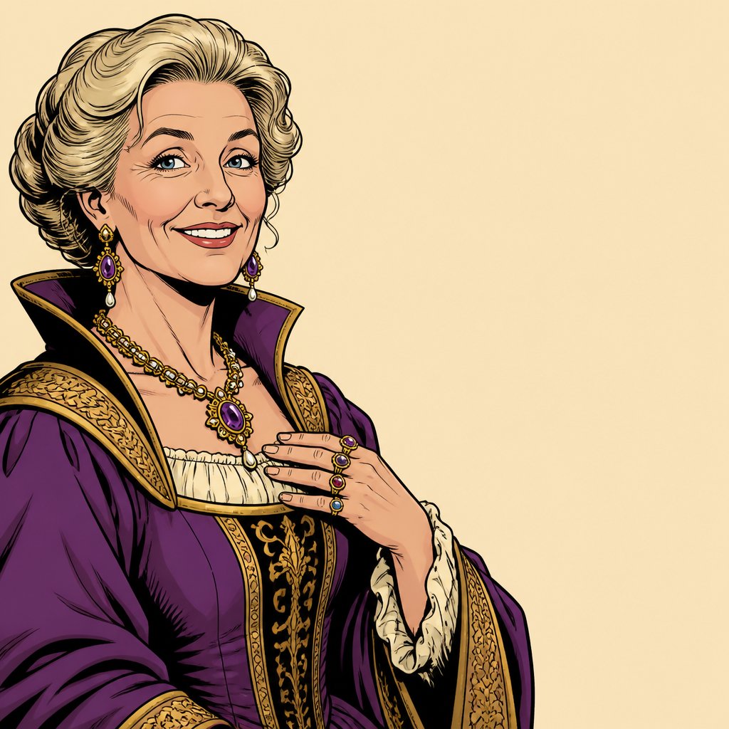 A pleasant looking elderly woman with grey blonde hair, dressed in very ornate renaissance robes, wearing jewel earrings and a big juggled necklace. We can see one of her hands which has rings on four fingers. She is smiling. The background is a spa contemporary. She is on the left side of the image with space on the right for copy.