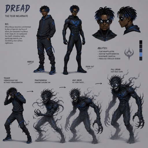 Male superhero with fear abilities, cool costume, can transform into a terrifying humanoid, mask, African American, teenager, dreads blue tips, multiple of the same character 