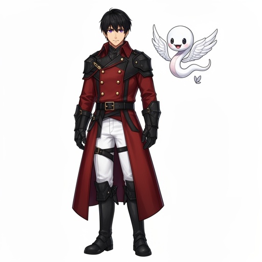DnD, adult human man, in his 20s,  tall, black short hair, purple eyes, white pants, black boots, black armor, red double breasted greatcoat, gold buttons, black belts,
tiny friendly elegant white winged snake flying next to him