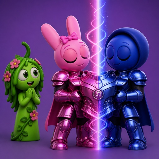 Vineria from Sprunki watching Pinki from Sprunki as Elita One merged with Jevin from Sprunki upgrading the twos shared armour to be more powerful and more durable 