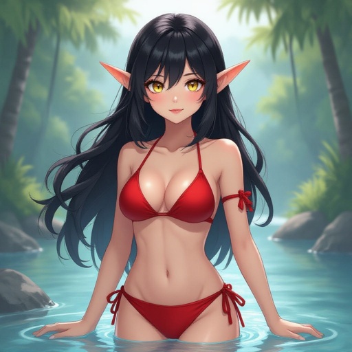 A black haired female elf with yellow cat’s eyes wearing a bikini 