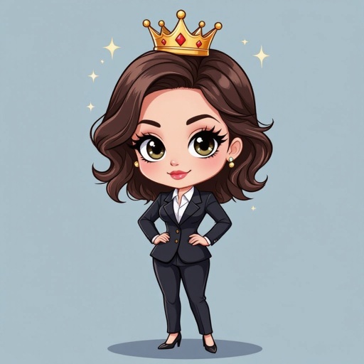 Create a chibi character mid 30’s lady who is in a suite with hands on waste
