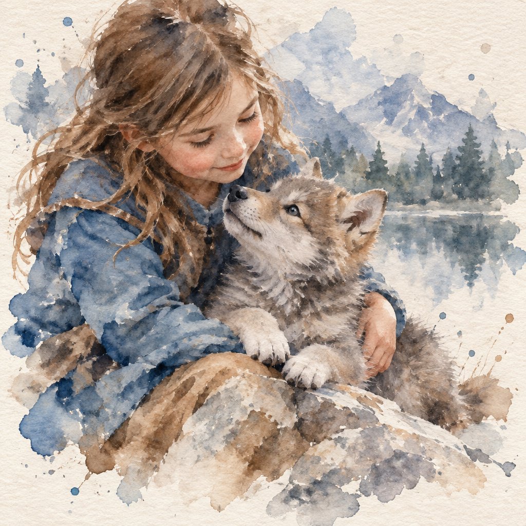 Mädchen mit Polar Baby Wolf