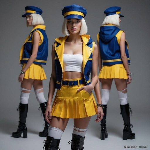 A stylish young woman with platinum blonde bob-cut hair, wearing a sleek indigo and yellow outfit inspired by futuristic street fashion. She wears a fitted indigo cap with a bold yellow band, a sleeveless indigo and yellow hooded vest left open to reveal a low-cut white tube top. Her yellow pleated mini skirt has indigo accents and a matching belt. She also wears white torn thigh-high leggings and tall black lace-up combat heel boots. The lighting is studio-bright with a clean background, emphasizing her confident pose and the sharp contrast of the outfit colors.