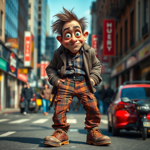 Create a funny looking paranoid man in the world, with a not so stylish outfit head to toe