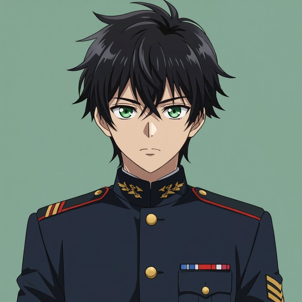 Male. 15 years old. Black non spiky hair. Green eyes. Military uniform.