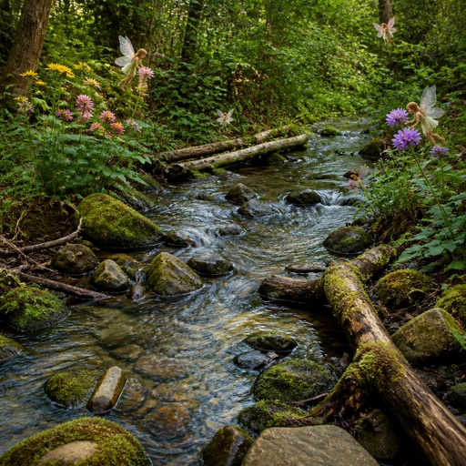 A hidden spring feeding a creek with many rocks and fallen logs that the water flows around. There is moss on the rocks as well as lots of plants along the banks of the creek that trail into the Cree as well. There are bushes and trees as well as fairies flying helping to pollinate all the different flowers 