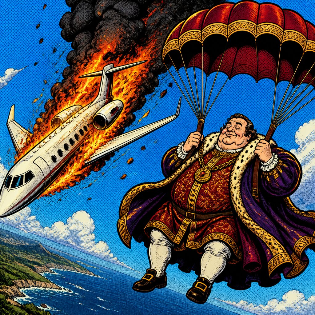 No speech bubbles, highly realistic, vivid colors. A private jet is seen on fire headed toward the ground on the left side of the image on the right side of the image is a parachute with a fat man, dressed in renaissance robes