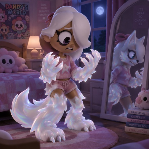 Ginger from dandy’s world in her room turning into a opalite werewolf 