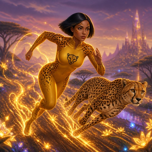 She has inverted bob hair style. She is black and asian mixed. Her name is CHEETARA raised by cheetahs. She is a super hero with fast speed. Background she is running with a cheetahshe 