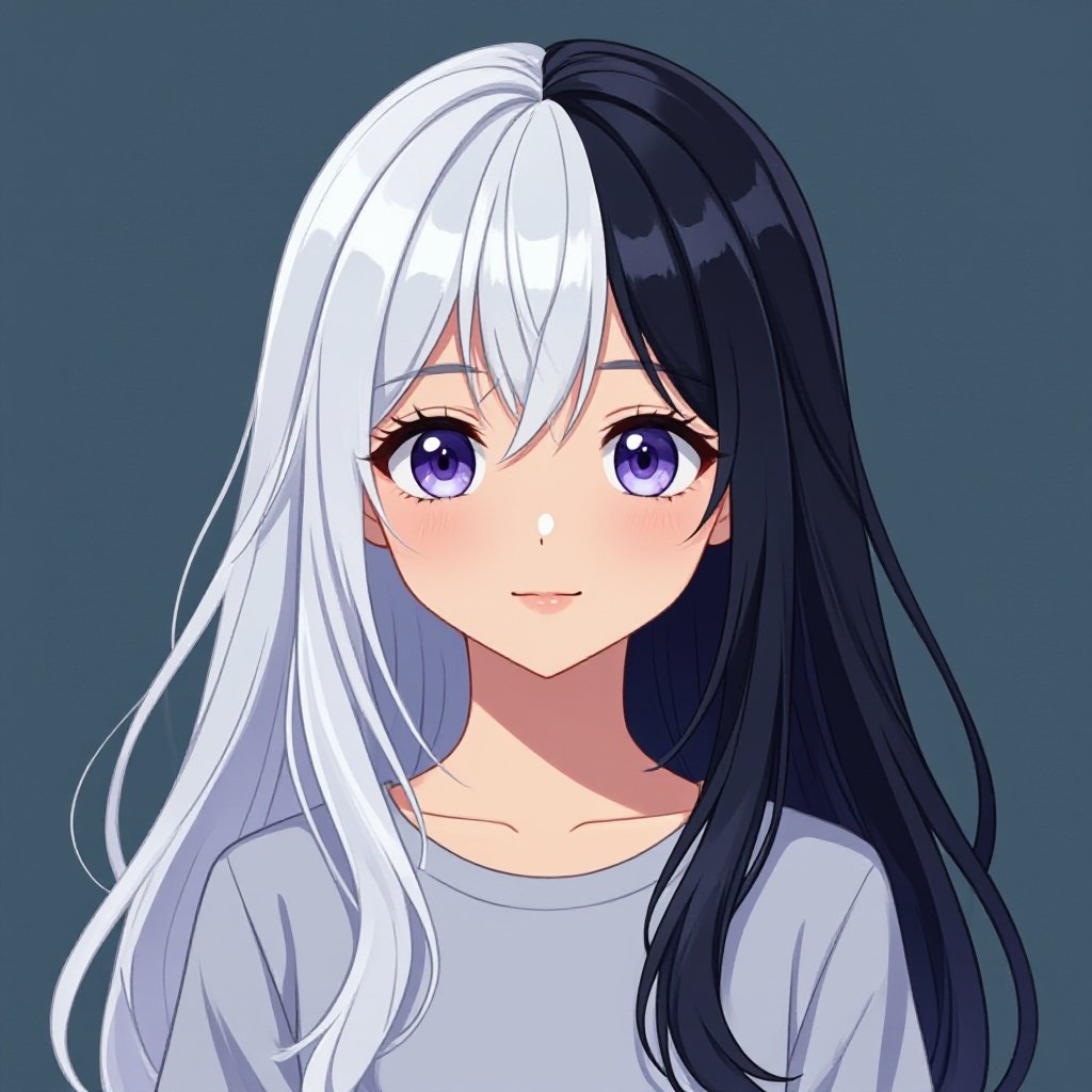Create an anime 8 year old girl with long half white and half black half and lavender eyes
