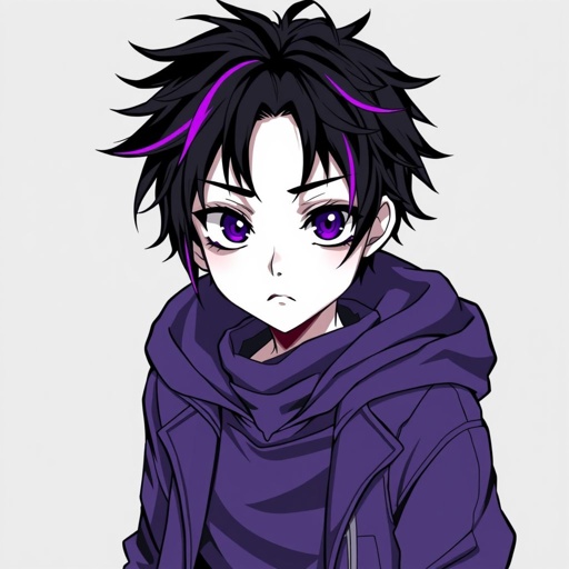 Create a teenage emo anime boy who has pale skin and his attire is purple.