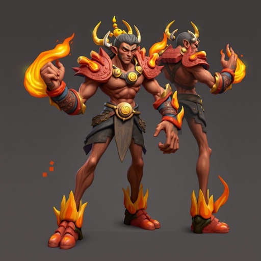 Create a character: battle hero Rhen the Fire-Singer – A lean, muscular man. Show him head to toe including his shoes.