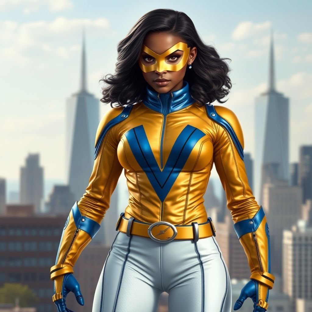 A teenage African American female superhero wearing a domino style mask with slightly curly hair in a shoulder length side part style wearing a polyester and leather gold suit with blue accents white pants and a stylized V as her chest emblem a utility belt and blue boot heel less standing in Philadelphia