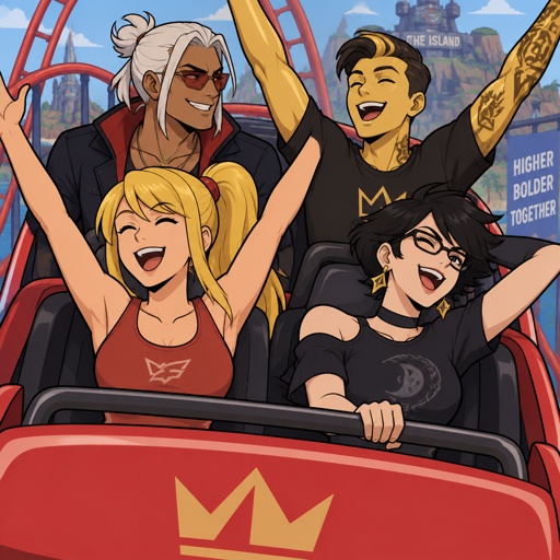 Kado Thorne from Fortnite pale and tan white hair medium length back hair bun clean shaven, Samus Aran zero suit, Midas from Fortnite, Bayonetta from super smash bros short hair, all on a rollercoaster, all wearing casual clothes, double date 