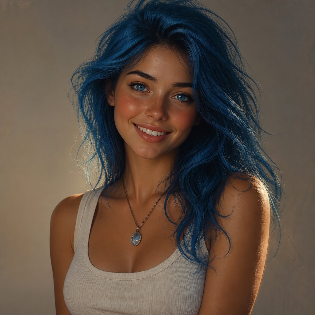 A 22-year-old woman who is very short and petite, standing approximately 4’11”, with a naturally youthful appearance and a bright, bubbly personality. She has light blue eyes and dyed light-blue hair that matches her eyes. Her hair has natural volume and movement, with a soft, slightly tousled appearance. No braids, beads, knots, elaborate hairstyles, or hair accessories. She has a sweet, expressive face with soft natural features, a warm smile, and bright, energetic eyes. She should look youthful without looking childish. Her appearance reflects someone who grew up on a tropical island—healthy, active, and accustomed to being outdoors. Her clothing is casual, practical, and suited to a warm island environment. Simple modern clothing with light, comfortable fabrics and subtle aquatic influences. Nothing elaborate or overly fantasy-like. She wears a small water crystal around her neck; the crystal is approximately the size of a thumbnail and should remain small and subtle. Her personality should come through in her expression and posture: cheerful, curious, enthusiastic, and slightly mischievous, as though she is always excited about whatever is happening around her. Semi-realistic JRPG-inspired character art, grounded human proportions, realistic facial features and skin texture, expressive light-blue eyes, detailed naturally voluminous dyed-blue hair, soft cinematic lighting. Avoid exaggerated anime features, oversized eyes, childish proportions, excessive accessories, elaborate braids, or overly sexualized styling. She should look like a real 22-year-old woman translated into a polished semi-realistic JRPG art style. Three-quarter character portrait, neutral simple background.