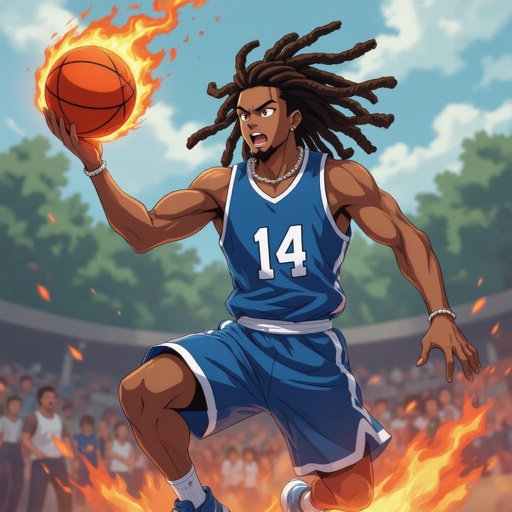 My character is a kind of muscular kind of lighter complexion with 12 big dreadlocks and a blue basketball jersey with the number 14 and a chain on his neck and he is jumping in the air to dunk a fire ball  