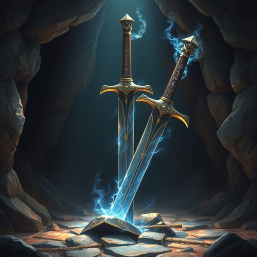 Crossed swords stuck in the floor of a cave glowing with magic