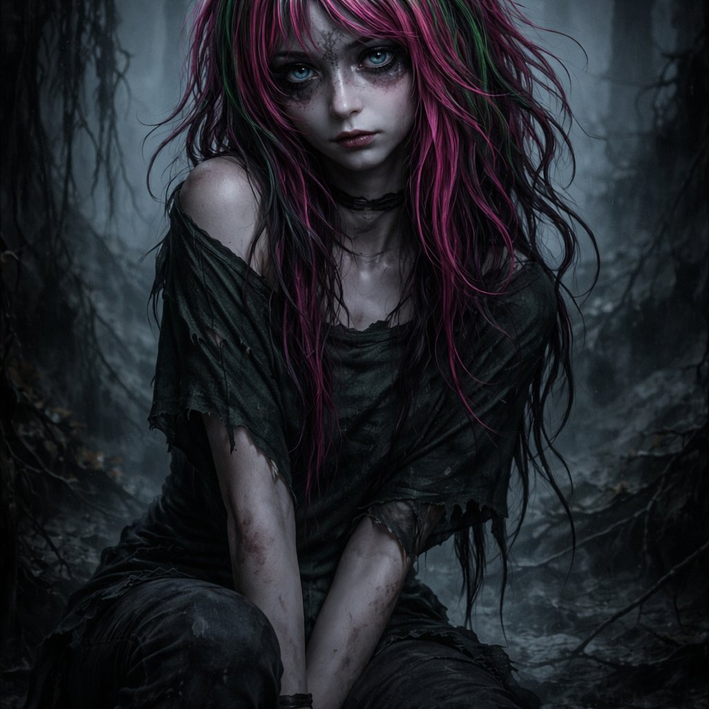 A 19 year old girl who has pink hair with green stripes and she has blue eyes. She is wearing a dark green shirt and black pants. She looks shy.