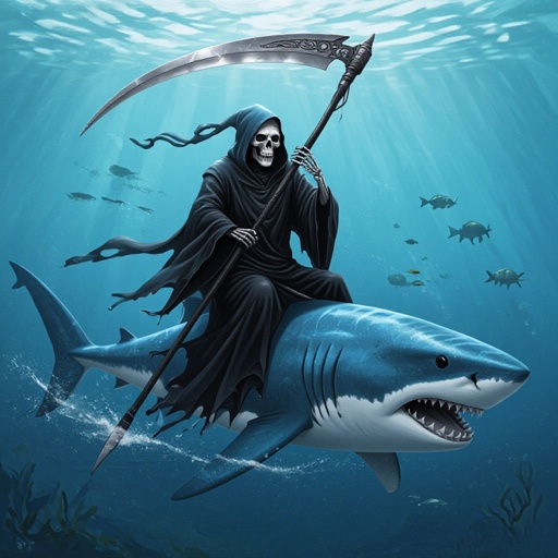 The grim reaper riding a blue shark