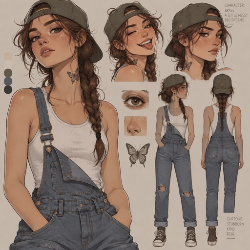 Female, brown braid over shoulder, messy hair, backwards cap, freckles, upturned nose, butterfly tattoo on on neck, white tank top, Jean suspenders, freckles, concept, face expressions