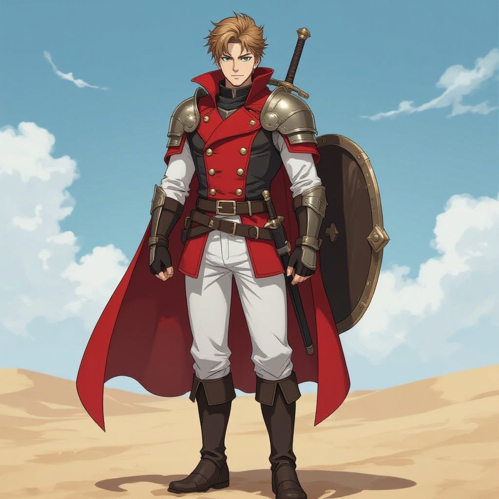 Man, leather armor under a red double-breasted great coat, gold buttons, no cape, no cloak, brown belt, white pants, black knee-high boots, shield is strapped to his back, sword sheathed at his hip, sandy colored hair, short hair, green eyes, clean shaven, black gloves; 