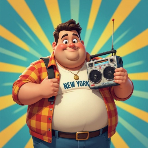 Create a funny fat guy who is from New York  has a boom box radio , make it Toy Story graphics  