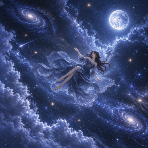 a woman in a blue dress flying through the sky