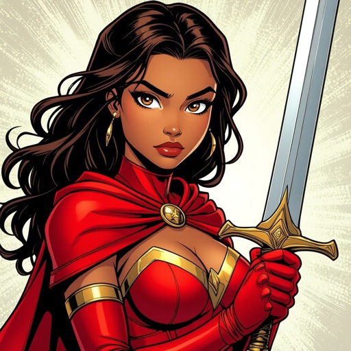 Light brown skinned Worrier princess with bright brown eyes wearing red with a sword