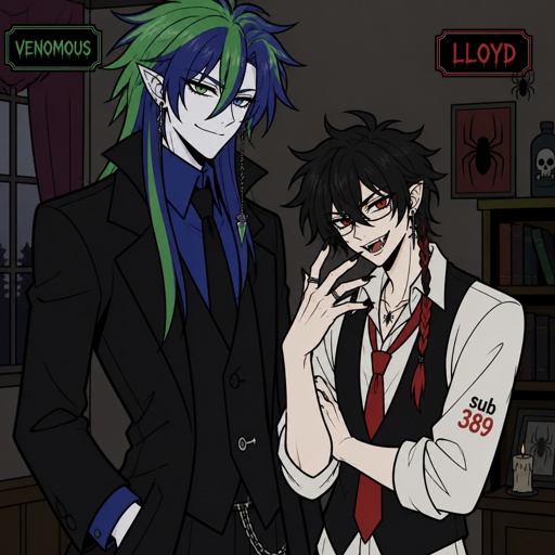 Man named venomous,tall, pale, green and blue long hair mysterious. Anime white male, name Lloyd, hair messy long one loose braid, black hair with light red stripes, clean shaven,red eyes, long scary fingers spider fangs, glasses, cold, laugh mockingly, traumatized,was a unwillingly experiment many years before getting rescued, no memory of his past, has power of a spider, poisonous makes spider webs with his hands, can communicate and control spiders, on right arm a print says sub 389, doesn't remember anything from his past,very dangerous. Venomous and Lloyd are in a room across from each other Venomous is trying to get Lloyd to talk about the experiment Lloyd coldly says "I have no answer"