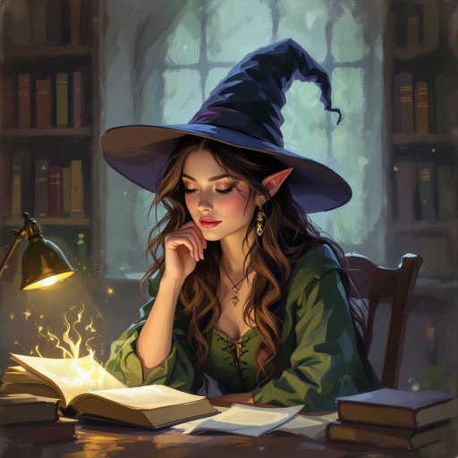 Dark Brown Hair Elf Witch Librarian in Witches Hat 