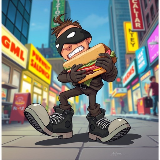 Create a funny looking clumsy thief with funny shoes on. Make him have on the bandit black thing around his eyes. And wanted for stealing sandwiches 