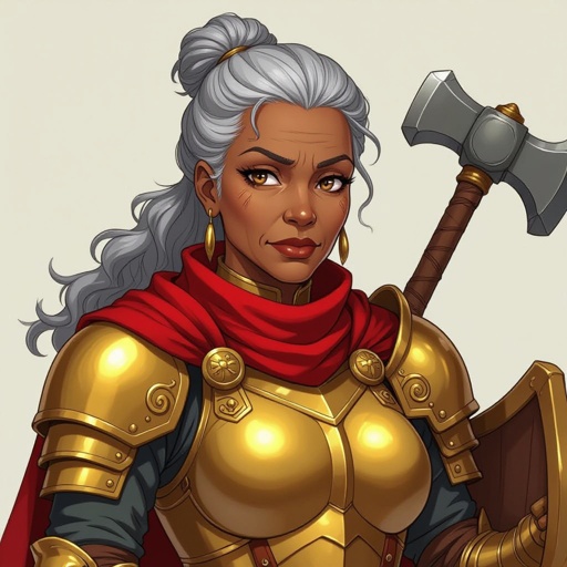 african american woman, knight, gold armor, red scarf, red tabard, gray hair, brown eyes, war hammer, shield, portrait, older woman, wrinkles, hair in a bun, serious expression