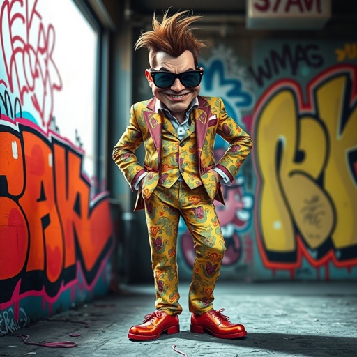 Create a funny arrogant character , showing him head to toe like his whole outfit 