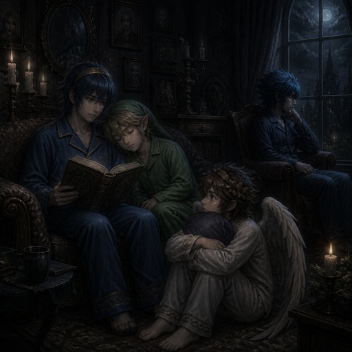 Super smash brothers young link from legend of Zelda, pit from kid Icarus, Marth from fire emblem, sonic the hedgehog as a human It's night time all are in the living room marth is reading a bed time story to the rest, young link is falling asleep leaning on Marth, pit is on the floor hugging a pillow looking at marth intrigued by the story Sonic is on a chair with his one leg over the other listening and staring out the window all are wearing pjs