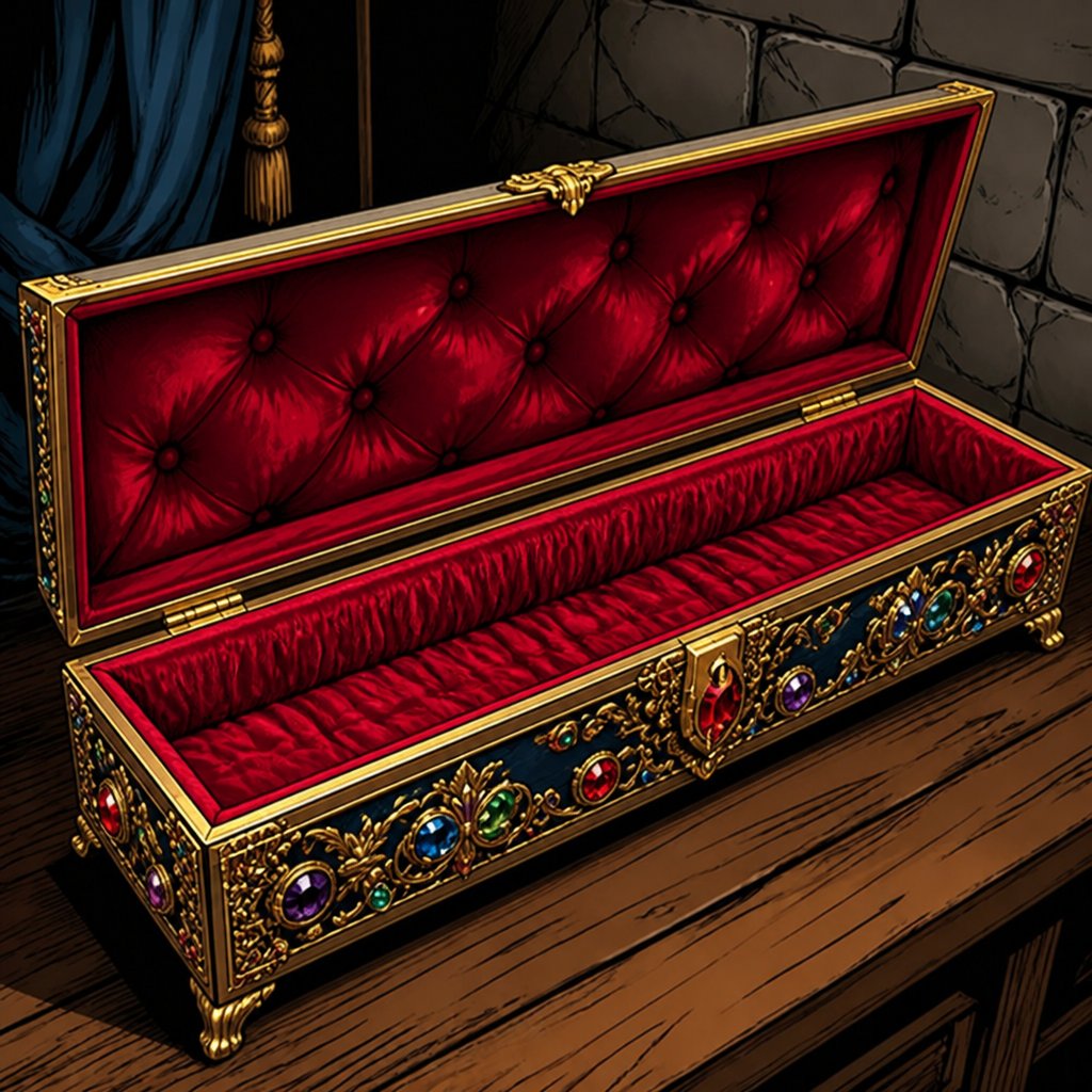 a red velvet covered chest sitting on top of a wooden table