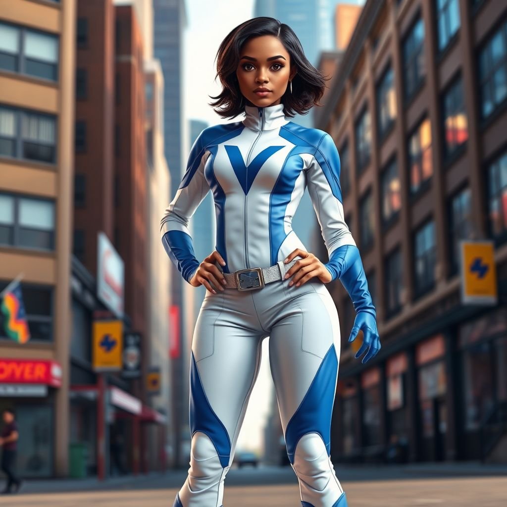 A teenage African American female superhero wearing a domino style mask with slightly curly hair in a shoulder length side part style wearing a polyester White and blue suit with blue pants and a stylized V as her chest emblem a utility belt and blue boot heel less standing in Philadelphia