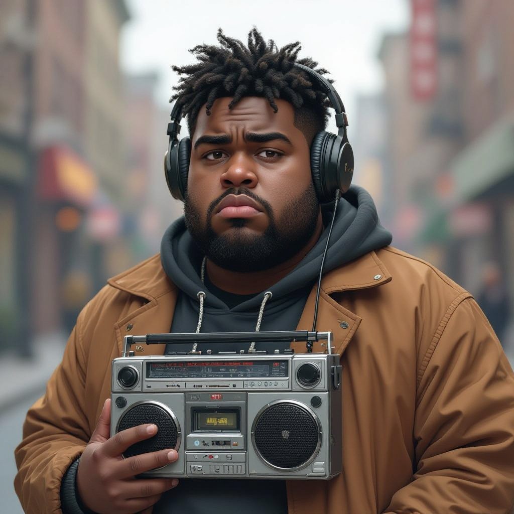 Create a kinda dark skin funny looking fat guy who isnt friendly from New York  has a boom box radio and is a stoner 