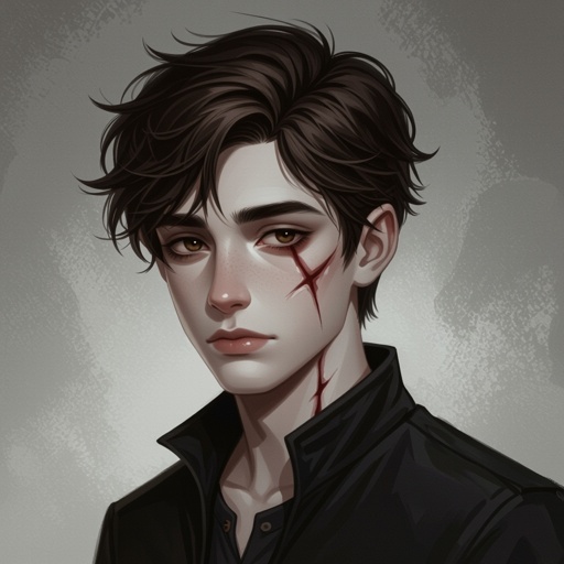 Dark Mysterious teen boy with dark brown hair brown eyes and with a dark past with face scar