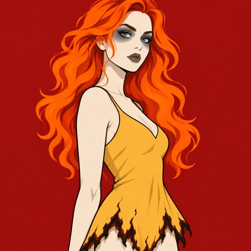 Female,fire hair, ash makeup, white skin, ash eyes, golden dress burnt at the bottom 