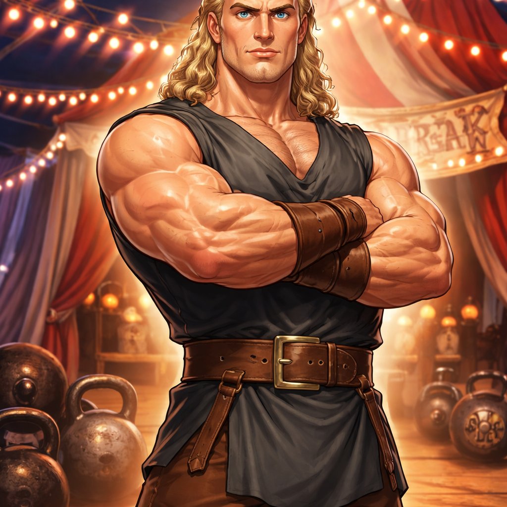 A tall well~proportioned male, so handsome he looks like a Greek god with muscles. With deep-set blue eyes and strong brows, hinting at inner depth“. His hairstyle is a blonde mullet. He works at freak show as a strong man. His outfit consistsed of a Charcoal-toned sleeveless Greek tunic, thick leather belt, leather wristbands/cuffs, brown pants.