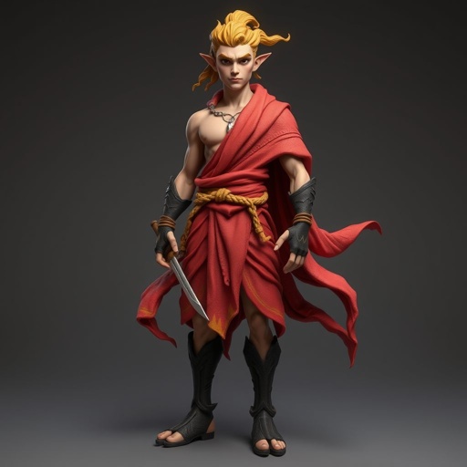 Create handsome hero Rhen the Fire – A lean, muscular man. He wears layered, flowing desert robes dyed in warm reds and golds, with scorch marks where flames have licked them. A curved blade hangs at his hip. Show whole body head to toe including her shoes.