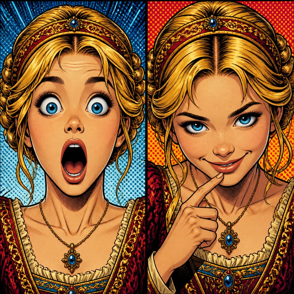 Realistic, no caricature, no speech, bubbles, intense colours and style. Two poses a young blonde girl in Renaissance robes has her mouth open in extreme shock. The second pose the same girl with a naughty smile. Full face