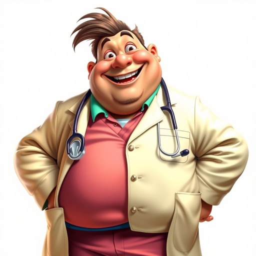 create a fat doctor. Who is funny human looking from head to toe. And he always immediately results to surgery for anything even small things. So please be sure to show his whole outfit head to toe. Make him have 1 tooth